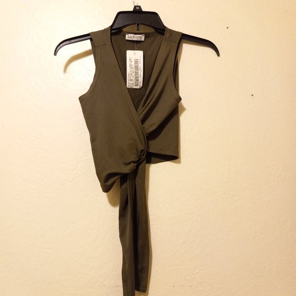 NWT Olive Green Cropped Jersey Wrap Top Y2K 90s One Size - Picture 5 of 12